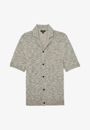 Sivý a biely pletený krátky kardigán s golierom a piatimi čiernymi gombíkmi po celej prednej strane, textúrovaná tkanina.