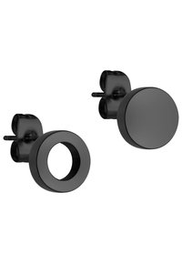 Boucles d'oreilles en métal noir présentant un design circulaire avec un visage rond plein et un accent en anneau creux. Texture lisse et style minimaliste.