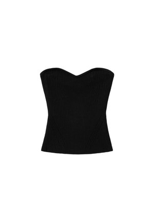 Sort stropløs ribstrikket korsettop med hjerteformet halsudskæring og figursyet talje.