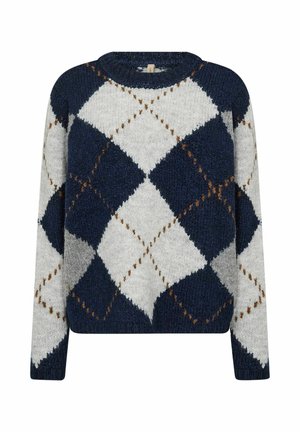 Sweater with a crew neck, featuring a textured knit in navy blue and light gray, adorned with a diamond pattern and brown stitching accents.