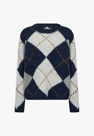 Sweater with a crew neck, featuring a textured knit in navy blue and light gray, adorned with a diamond pattern and brown stitching accents.