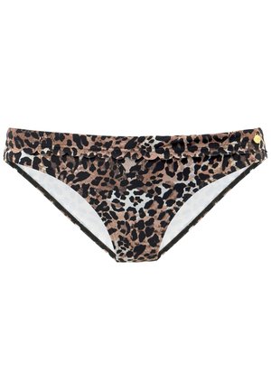 Leopard print bikini bottom in shades of brown and black. Features a ruffled waistband and smooth fabric with contrasting mesh trim.