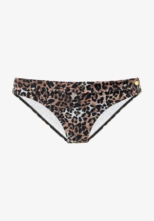 Slip bikini leopard stampa in tonalità di marrone e nero. Presenta una vita arricciata e un tessuto liscio con rifinitura in rete a contrasto.