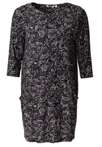 Svart och vit paisleymönstrad kjollängd klänning med trekvartslånga ärmar och rund halsringning.