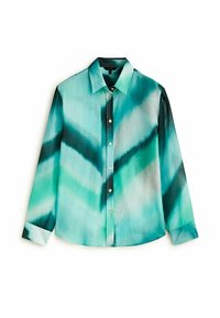 Chemise à manches longues avec un dégradé de bleu sarcelle et bleu, agrémentée de rayures diagonales noires, dotée d'un col classique et d'une patte de boutonnage. Texture de tissu lisse.