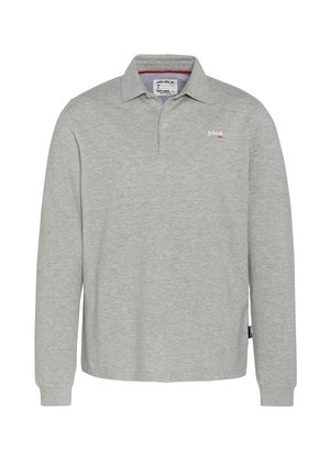 Polo shirt grigio a maniche lunghe realizzato in tessuto morbido, con colletto classico e un piccolo logo sul lato sinistro del petto. Texture sottile su tutto il capo.