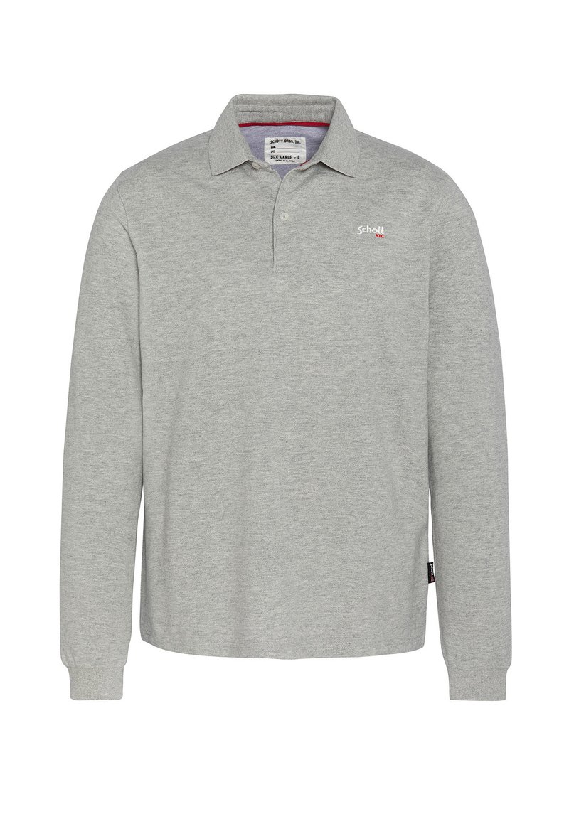 Polo shirt gris à manches longues en tissu doux, ornée d'un col classique et d'un petit logo sur la poitrine gauche. Texture subtile sur l'ensemble.