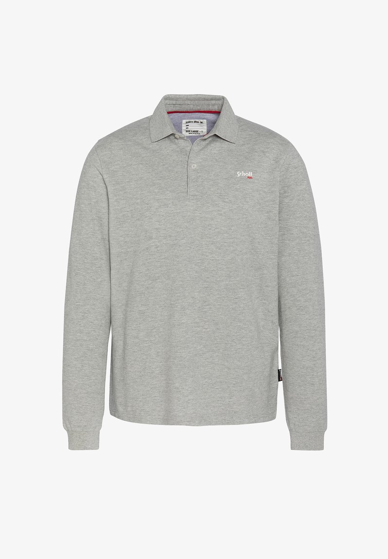 Polo shirt gris à manches longues en tissu doux, ornée d'un col classique et d'un petit logo sur la poitrine gauche. Texture subtile sur l'ensemble.