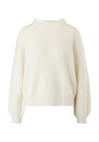 Jersey de color crema con canalé, cuello alto, hombros caídos y mangas abullonadas. Fabricado en un suave tejido de punto texturizado.