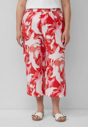 Rote und rosa gemusterte Culotte-Hosen mit elastischem Bund, aus leichtem Stoff gefertigt, mit fließendem Design und cropped Länge.