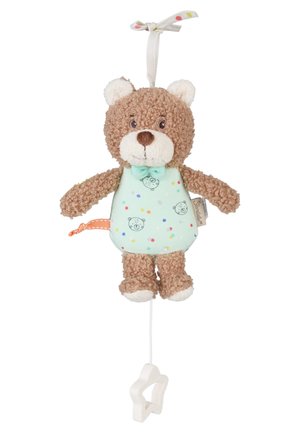 Brown teddy bear plush with light blue polka-dot outfit, mint green bow tie, hanging loop, and white star-shaped pull cord.