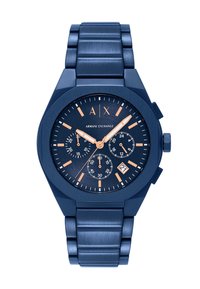 Orologio in metallo blu con cinturino texturizzato, cassa ottagonale e quadrante blu scuro. Presenta indicatori delle ore arancioni e tre sottodial, oltre alla visualizzazione della data.