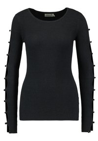 Pull noir à manches longues côtelé avec un col rond et des boutons décoratifs le long des bords extérieurs des manches.