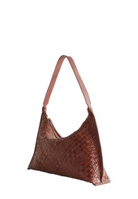 Brown woven leather shoulder bag with a slouchy silhouette and a single strap, featuring a zip closure and textured surface.