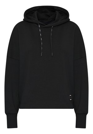 Černá mikina s kapucí vyrobená z měkké látky s volným střihem. Obsahuje stahovací kapuci, pružné manžety a malé logo na boku.