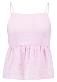 Top rosa senza maniche con spalline sottili, arricciato in vita, realizzato in tessuto leggero, con una texture liscia e una vestibilità comoda.