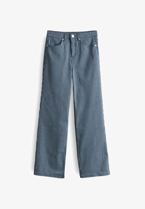 Lichtblauwe en witte gestreepte wijde broek met hoge taille, voorzien van vijf zakken en een knoopsluiting in de taille.