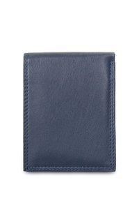 Marineblauw leren portemonnee met een gladde textuur, verticaal ontwerp en nette stiksels rond de randen. Compact en minimalistische stijl.