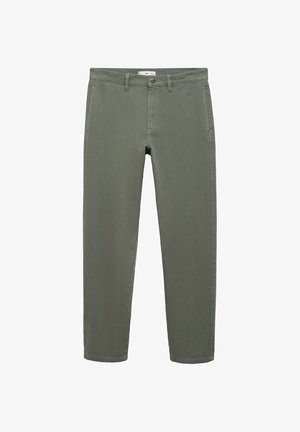 Olivno zelene chinos hlače iz mešanice bombaža, s ozkim ravnim krojem, pasnimi zankami in sprednjim gumbom za zapiranje.