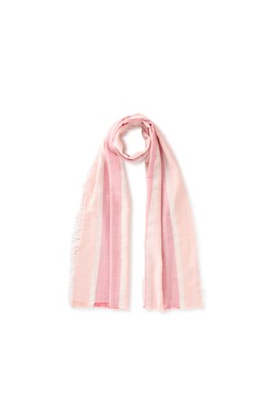 Long lightweight scarf with vertical pink and light pink stripes, arranged in a looped style on a white background.
