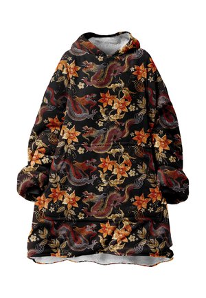 Kapać deka u crnoj boji s složenim uzorcima zmaja i cvijeća u crvenoj, narančastoj i zlatnoj boji. Meka tekstura s velikim rukavima i ugodnim prianjanjem.