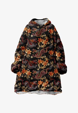 Juoda gobtuvo antklodė su įmantriais raudonos, oranžinės ir aukso spalvų drakono bei gėlių raštais. Minkšta tekstūra, plačios rankovės ir patogus prigludimas.