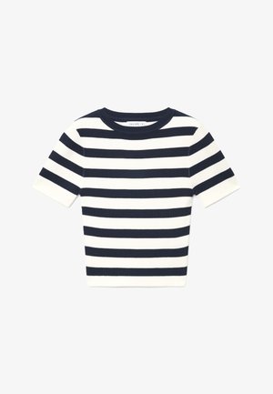 Maglia a maniche corte a righe orizzontali blu navy e bianche con scollatura rotonda, distesa su uno sfondo bianco.
