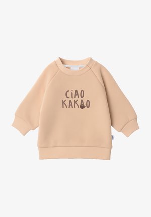 Beige sweatshirt with raglan sleeves, ribbed cuffs, and hem. Front features "Ciao Kakao" text with a coffee cup graphic in brown.