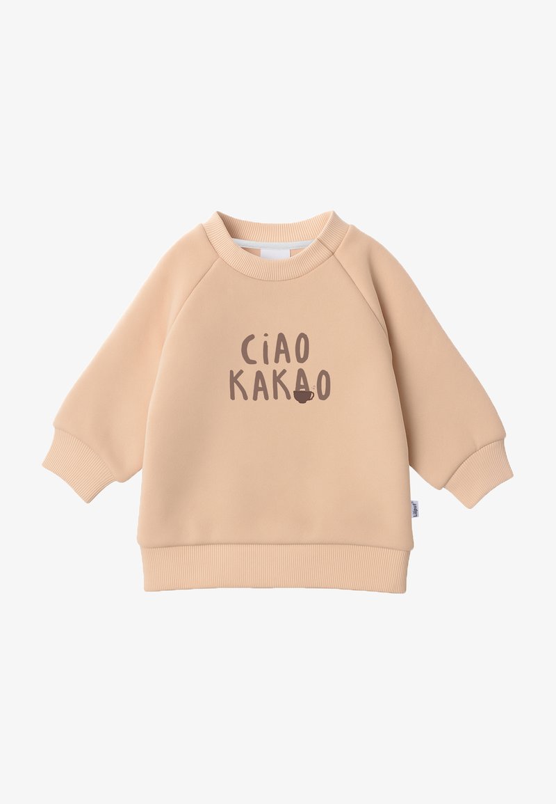 Beige Sweatshirt mit Raglanärmeln, gerippten Bündchen und Saum. Auf der Vorderseite befindet sich der Text "Ciao Kakao" mit einer Kaffeetasse-Grafik in Braun.