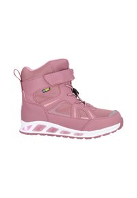 Rosa Sportstiefel mit hohem Schaft, aus synthetischem Material, ausgestattet mit einem Klettverschluss, Mesh-Akzenten und einer weißen, gepolsterten Sohle mit Lichtelementen.