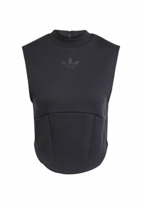 Tmavošedý bezrukávový top s vysokým výstrihom, na hrudi s nenápadným logom a štruktúrovanými panelmi na prednej strane.