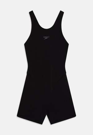 Schwarzer Sport-Badeanzug mit Racerback-Design, mit einem Speedo-Logo auf der Vorderseite, aus einem glatten, dehnbaren Stoff gefertigt.