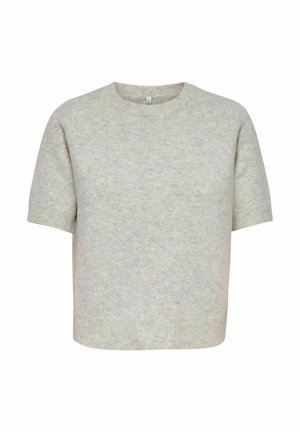 Lichtgrijze sweater met korte mouwen, gemaakt van zacht, gemêleerd stof. Het heeft een ronde halslijn en ribbelachtige onderrand en boorden.