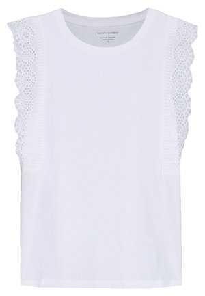 Hvid ærmeløs top med blonder detaljer på skuldrene og rund halsudskæring, mærket Banana Republic Supima bomuld, størrelse small.