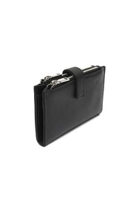 Black leather wallet with textured surface, dual zipper compartments, and a snap closure. Compact rectangular shape. Silver-tone hardware accents.