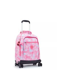Valigia rosa compatta con motivo floreale, due ruote scorrevoli, manico estensibile, tasca frontale e un accessorio portachiavi peloso.