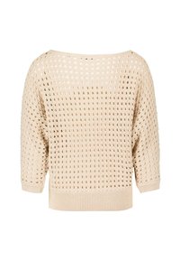 Beige stickad tröja med en lös, öppen vävdesign, breda ärmar och ribbad nederkant. Baksidan har en vid halsringning och ett strukturerat mönster.