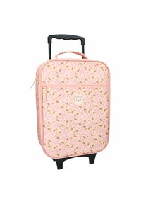 Roze koffer met bloemenpatroon, voorzien van een uitschuifbare handgreep en zwarte wielen. Ritssluitingen en een label zichtbaar aan de voorkant.
