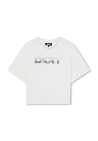 Witte, cropped t-shirt van katoen, met het DKNY-logo in zilveren strassstenen, korte mouwen en een ronde halslijn.