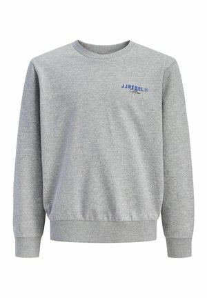 Lysegrå sweatshirt med rund hals, lange ærmer og lille blåt "JJREBEL"-logo på venstre bryst.