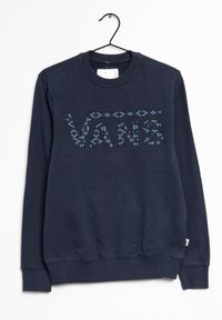 Sweat-shirt bleu marine avec un logo "VANS" texturé aux motifs bleus. Il dispose d'un col rond et de poignets et d'un ourlet côtelés. Matériau en mélange de coton.