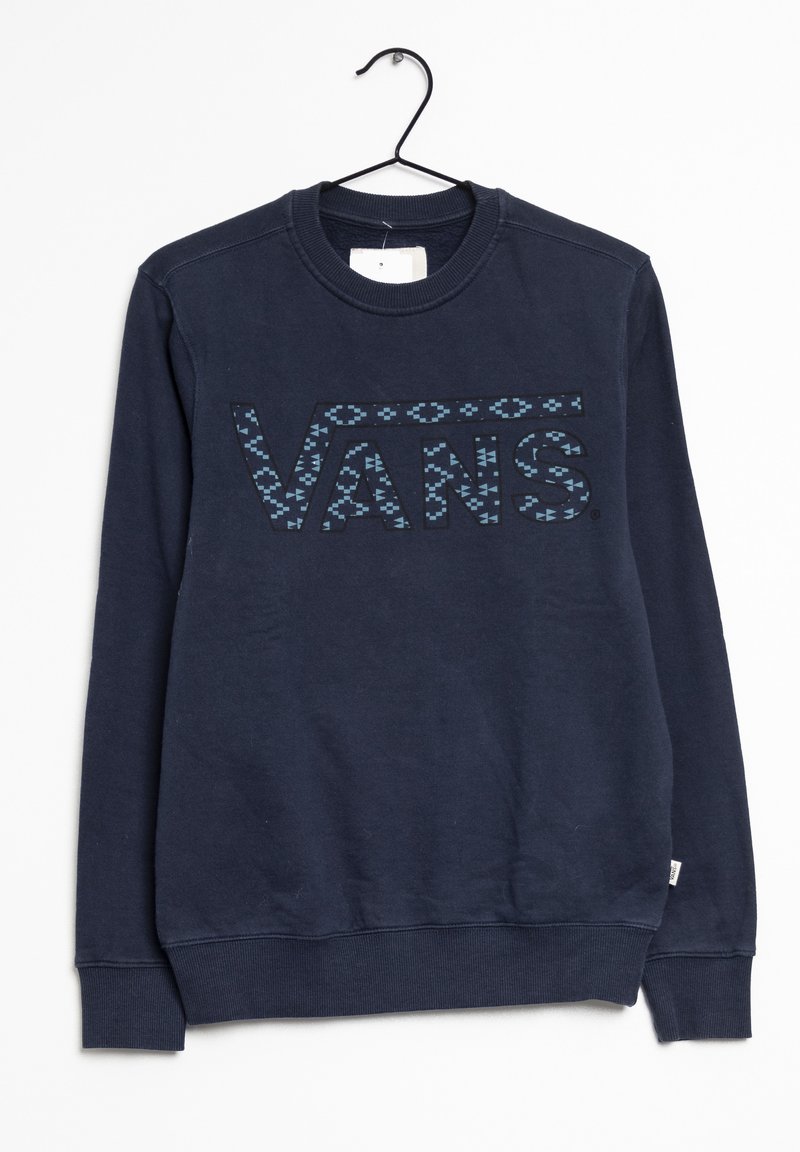 Sweat-shirt bleu marine avec un logo "VANS" texturé aux motifs bleus. Il dispose d'un col rond et de poignets et d'un ourlet côtelés. Matériau en mélange de coton.