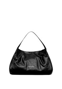 Borsa a spalla in pelle nera con un design morbido, dotata di un manico singolo e logo "ERMANNO" in rilievo sul fronte. Texture liscia.