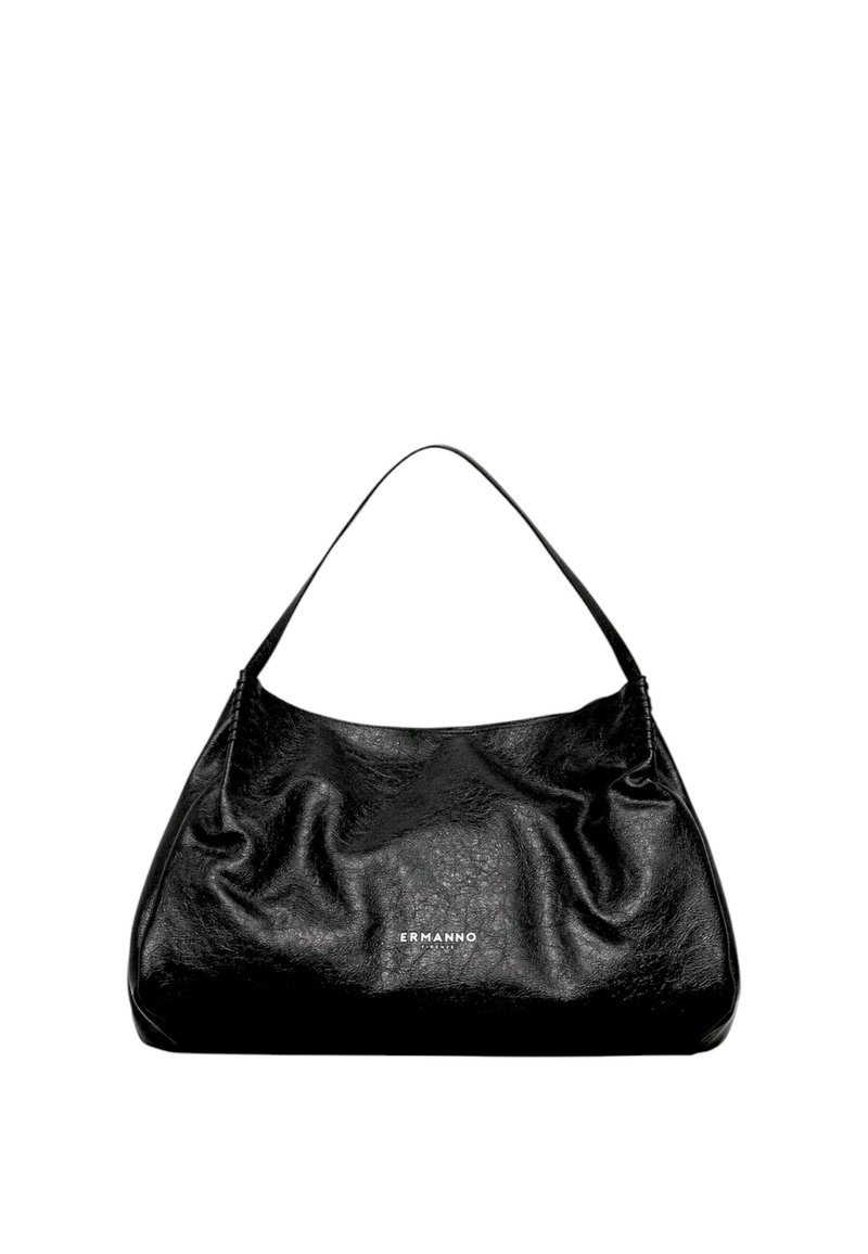 Borsa a spalla in pelle nera con un design morbido, dotata di un manico singolo e logo "ERMANNO" in rilievo sul fronte. Texture liscia.