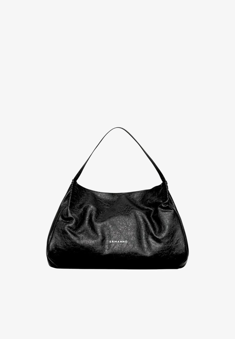 Borsa a spalla in pelle nera con un design morbido, dotata di un manico singolo e logo "ERMANNO" in rilievo sul fronte. Texture liscia.