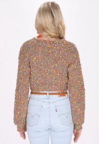 Maglione accorciato in morbido materiale marrone con pompon in tessuto multicolore. Presenta maniche lunghe e una vestibilità ampia. Abbinato a jeans azzurri chiari.
