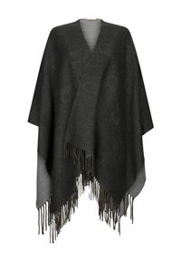 Donkergrijze wollen poncho met V-hals, met een wikkelontwerp en franjes aan de onderkant. Subtiele patroonstructuur over de stof.