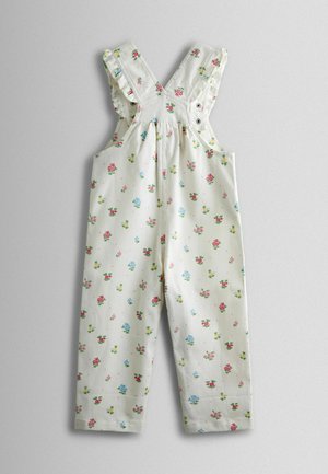 Květované laclové kalhoty z lehké, smetanově bílé látky. Mají volánkové ramínka, knoflíkové detaily a dvě boční kapsy.