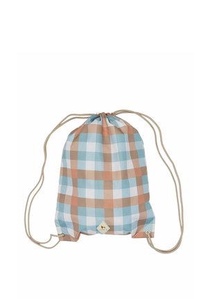 Sække rygsæk med snorelukning med tern i beige, blå og orange og beige stropper, lagt fladt på en hvid baggrund.