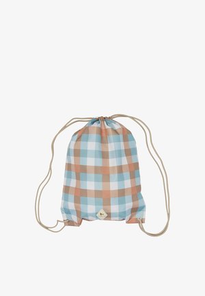 Batoh s ťahacou šnúrkou s béžovým, modrým a oranžovým károvaným vzorom a béžovými popruhmi, položený na bielom pozadí.